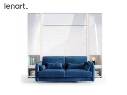 LENART BED CONCEPT set pat (160x200cm) rabatabil pe perete cu 2 dulapuri 261x45-228x218cm alb lucios si canapea albastra 184x93cm