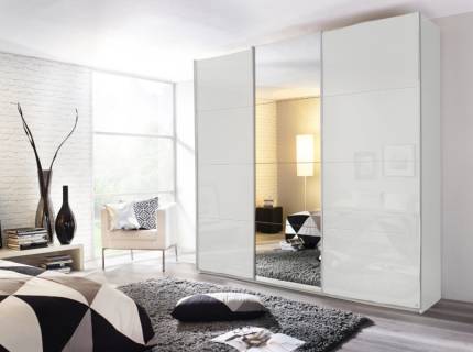 Dulap cu usi glisante KULMBACH 203x229x62cm alb alpin/ sticla alba-oglinda configurabil