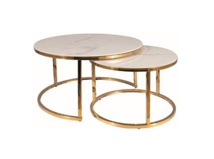 Set 2 masute PORTAFINO A din ceramica cu efect de marmura alba, metal auriu 60xH38cm / 80xH42cm