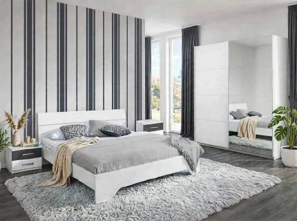 Set dormitor BARCELONA, MEMPHIS, HEINSBERG cadru pat (180x200cm), Memphis dulap 181x210x62cm alb alpin/ oglinda si Barcelona set 2 noptiere alb alpin/ gri metalic