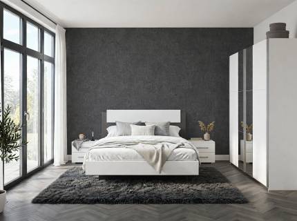 Set dormitor FELLBACH, BORBA cadrul pat (160x200cm) cu 2 noptiere alb alpin si Fellbach dulap 261x210x59cm alb alpin/ oglinda