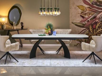 Masa extensibila VITRUS din otel sinterizat travertin deschis, otel vopsit negru 180-260x90xH76cm