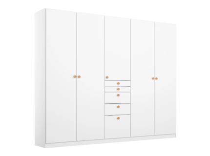 Dulap cu 5 usi cu balamale si 5 sertare FREYJA 226x210x54cm alb alpin, manere stejar 
