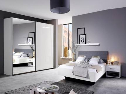 Cadru pat cu tablie tapitata HALLE (120x200cm) alb lucios + material textil gri