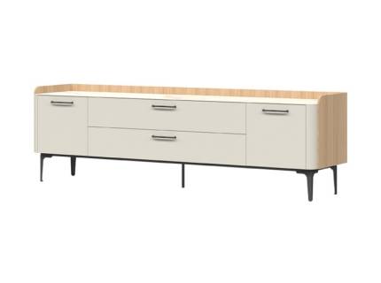 Comoda tv cu 2 usi si 2 sertare AIR 209x63x47cm Pepper White/ stejar Furneo - sticla cu model de marmura Calcatta Oro, cadru, picioare si manere Antracit