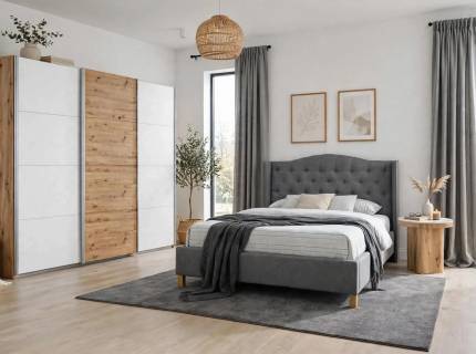 Set dormitor KULMBACH, MAGNUM S, ASPEN pat gri (140x200cm), Kulmbach dulap 271x229x62cm alb alpin/ stejar wotan, Magnum S masuta