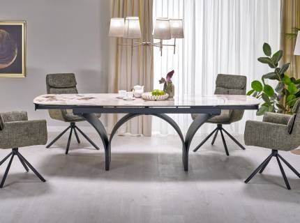 Masa extensibila ALTER din sticla si ceramica cu efect de marmura bej, otel vopsit in camp electrostatic negru 180-260x74xH76cm