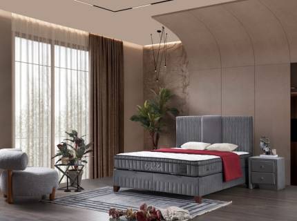 Pat tapitat cu saltea si spatiu pentru depozitare BELLA (140x200cm) grey 