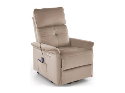 Fotoliu SEMIR 2 cu recliner electric, functie de masaj, port USB, buzunar pentru depozitare, confortabil, catifea beige 80x90xH108cm 