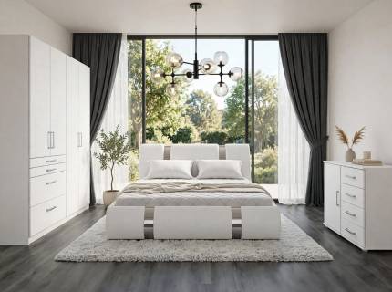 Set dormitor ATLANTIS + HOMBURG + APULIEN pat tapitat ecopiele alba ATALNTIS (160x200cm) cu somiera si lada pt. depozitare, dulap HOMBURG 181x197x54cm, comoda APULIEN 93x81x42cm alb alpin/ alb lucios