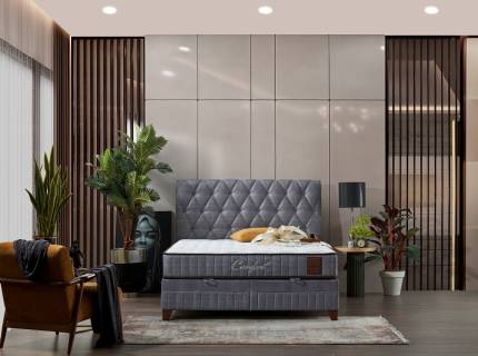 Pat tapitat cu saltea si spatiu pentru depozitare COMFORT (140x200cm) grey  