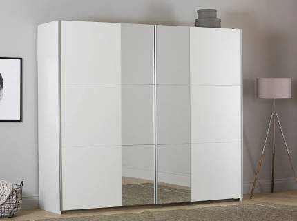 Dulap cu usi glisante FELLBACH 261x210x59cm alb alpin/ oglinda, maner aluminiu