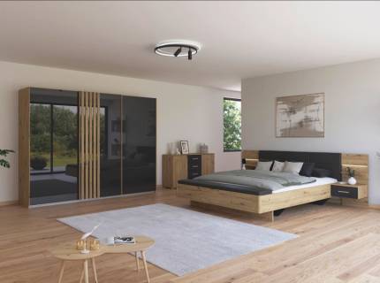 Dormitor XL stejar Artisan/ sticla basalt + gri metalic MOSBACH