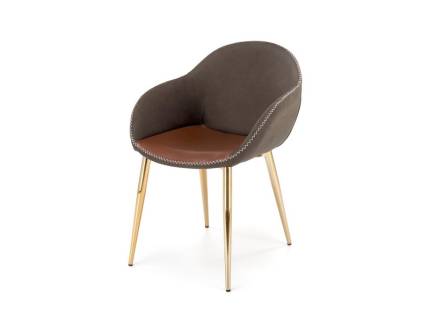Scaun tapitat K304 cu cusatura in contrast, catifea + ecopiele brown 57x53xH79cm, piciaore aurii