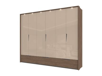 Dulap cu 6 usi cu balamale si 3 sertare LEFT 277x226x60cm Mokka HG lucios + Linkoln Walnut, manere incorporate antracit, cu rama passepartout cu LED 