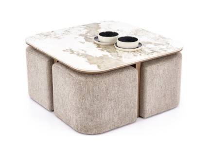 Masuta ARAKIS din MDF sinterizat cu efect de marmura bej/ furniruit nuc deschis, cu 4 tabureti tapitati beige 90x90xH45cm