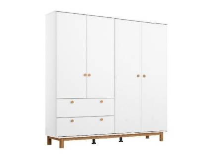 Dulap cu 4 usi cu balamale FREYJA 181x206x53cm alb alpin, picioare si manere stejar