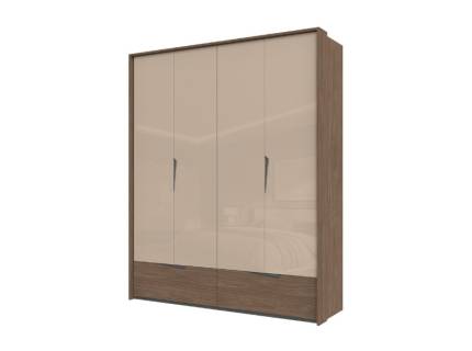 Dulap cu 4 usi cu balamale si 2 sertare LEFT 187x226x60cm Mokka HG lucios + Linkoln Walnut, manere incorporate antracit, cu rama passepartout 