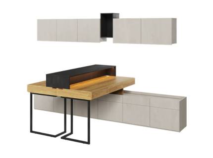 Set 2 birouri mari cu corpuri suspendate TEEN FLEX 04A 300x150x193cm cu 2 comode, sistem de iluminare LED 