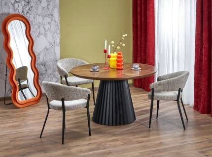 Masa HEVELIUS din MDF si furnir natural nuanta nucului 130xH77cm, otel vopsit negru in camp electrostatic
