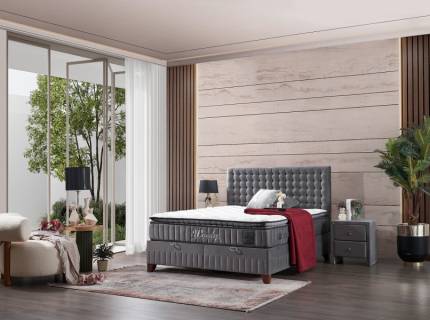 Pat tapitat cu saltea si spatiu pentru depozitare WOOLY (140x200cm) grey 