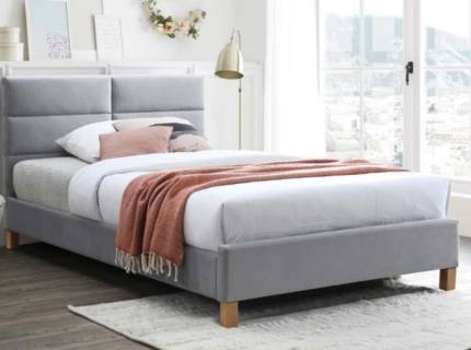 Pat tapitat cu somiera SIERRA VELVET (120x200cm) catifea light grey, picioare nuanta lemnului