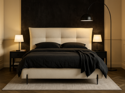 Pat tapitat cu somiera si spatiu pentru depozitare DANAE 140/ 160/ 180cm personalizabil, picioare negre