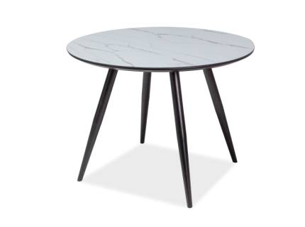 Masa rotunda IDEAL din MDF si sticla cu efect de marmura alba, metal negru 100xH75cm