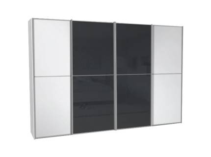 Dulap cu 4 usi glisante 373x222x68cm alb mat/ alb mat - sticla antracit, maner aluminiu model 42 SINFONIE PLUS 