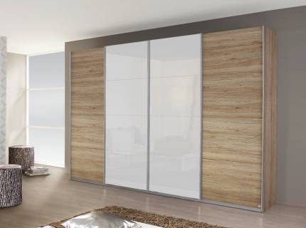 Dulap cu usi glisante SYNCRONO 316x230x62cm stejar/ 2 usi sticla alba, maner aluminiu