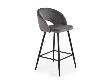 Scaun tapitat pentru bar H96 design rotunjit, catifea grey 49x49xH89cm, picioare negre
