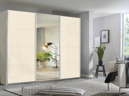 Dulap cu usi glisante KULMBACH 271x210x62cm alb alpin/ sticla champagne-oglinda configurabil