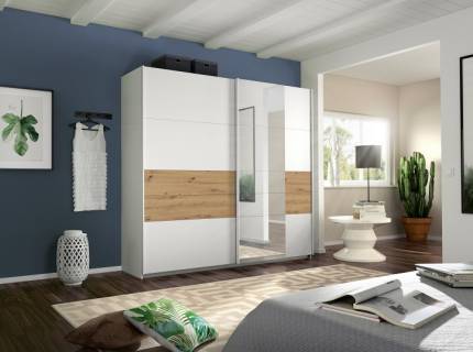 Dulap cu usi glisante BOSTON EXTRA 226x210x62cm alb alpin/ stejar Artisan - oglinda, maner alb alpin