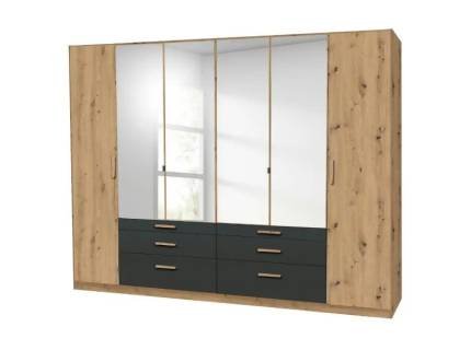 Dulap cu 6 usi cu balamale si 3 sertare MOSBACH 271x210x54cm stejar Artisan/ gri metalic - oglinda