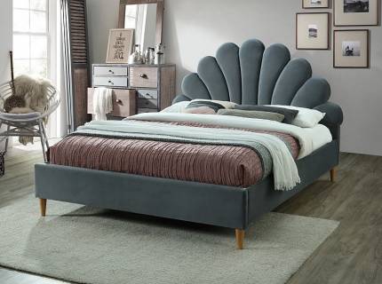 Pat tapitat cu somiera SANTANA VELVET (160x200cm) catifea grey, picioare nuanta lemnului