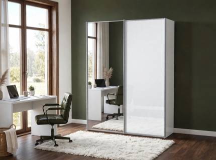 Dulap cu 2 usi glisante 150x222x68cm alb mat/ sticla alba - oglinda, maner aluminiu model 23 SINFONIE PLUS 