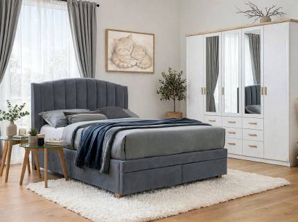 Set dormitor KOLDING, OSLO S2, EMOTION VELVET pat gri (160x200cm), Kolding dulap 232x214x57cm alb alpin/ oglinda, Oslos S2 set 2 masute stcla/ stejar 