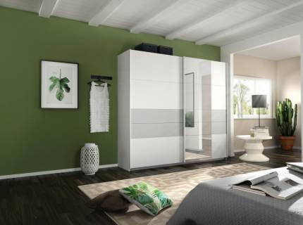 Dulap cu usi glisnate BOSTON EXTRA 226x210x62cm alb alpin/ silk grey - oglinda, maner alb alpin