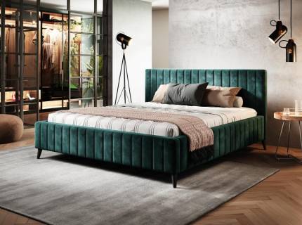 Pat tapitat cu somiera lemn MAGGIE (160x200cm) catifea cream, picioare negre