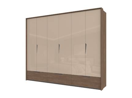 Dulap cu 6 usi cu balamale si 3 sertare LEFT 277x226x60cm Mokka HG lucios + Linkoln Walnut, manere incorporate antracit, cu rama passepartout