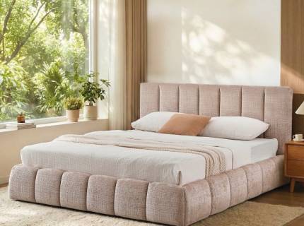 Pat tapitat cu somiera si spatiu pentru depozitare DAISY (160x200cm) material textil-plusat beige