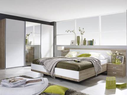 Set dormitor GANDRA Cadru pat cu 2 noptiere incorporate (180x200cm), dulap 271x210x62cm stejar sanremo/ alb alpin - oglinda