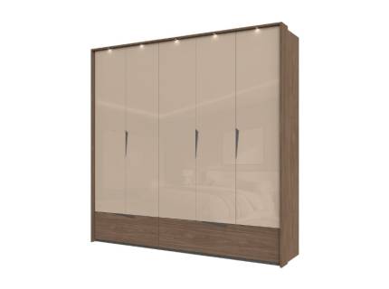 Dulap cu 5 usi cu balamale si 2 sertare LEFT 232x226x60cm Mokka HG lucios + Linkoln Walnut, manere incorporate antracit, cu rama passepartout cu LED 