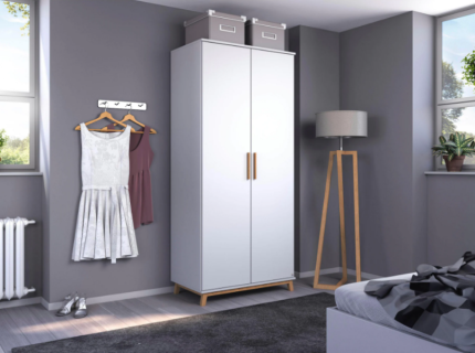 Dulap cu 2 usi cu balamale CARLSSON 92x203x53cm alb alpin, manere stejar 