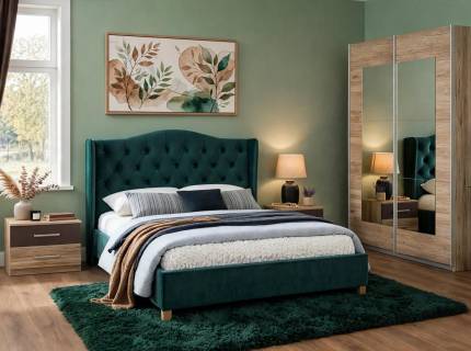Set dormitor ALEGRO, BARCELONA, ASPEN VELVET pat tapitat (140x200cm) catifea verde, Alegro dulap 181x210x62cm stejar sanremo/ oglinda, Barcelona set 2 noptiere stejar sanremo/ lava
