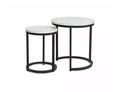 Set 2 masute HOLA WHITE din PAL cu efect de marmura alba, metal negru 32xH42cm / 45xH48cm