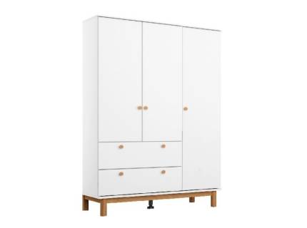 Dulap cu 3 usi cu balamale si 2 sertare FREYJA 136x206x53cm alb alpin, picioare si manere stejar