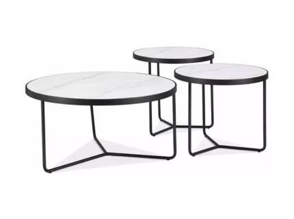 Set 3 masute DEMETER WHITE din ceramica cu efect de marmura alba + metal negru 80xH40cm / 50xH50cm / 50xH45cm 