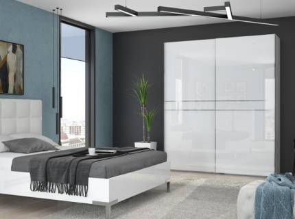 Dulap cu usi glisante PIANO WHITE 182x224x61cm alb lucios, maner crom