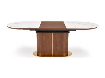 Masa extensibila GIBSON din MDF sinterizat lacuit cu efect de marmura alba, MDF furniruit nuc, otel vopsit negru/ auriu 160-220x90xH76cm 